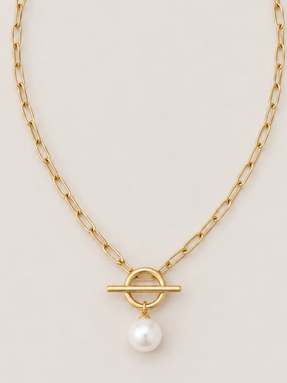 New! Preppy Gold Paperclip Chain Pearl Bead Necklace 4004